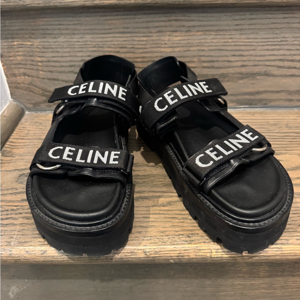 Celine Black Logo Strap Womens Sandals with Chunky Sole